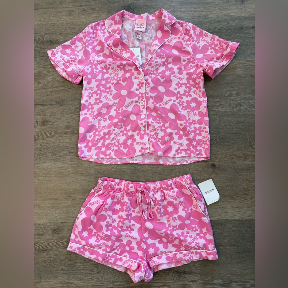 Barbie x Forever 21 Collab Pink Floral Retro Button Pajamas Set NWT